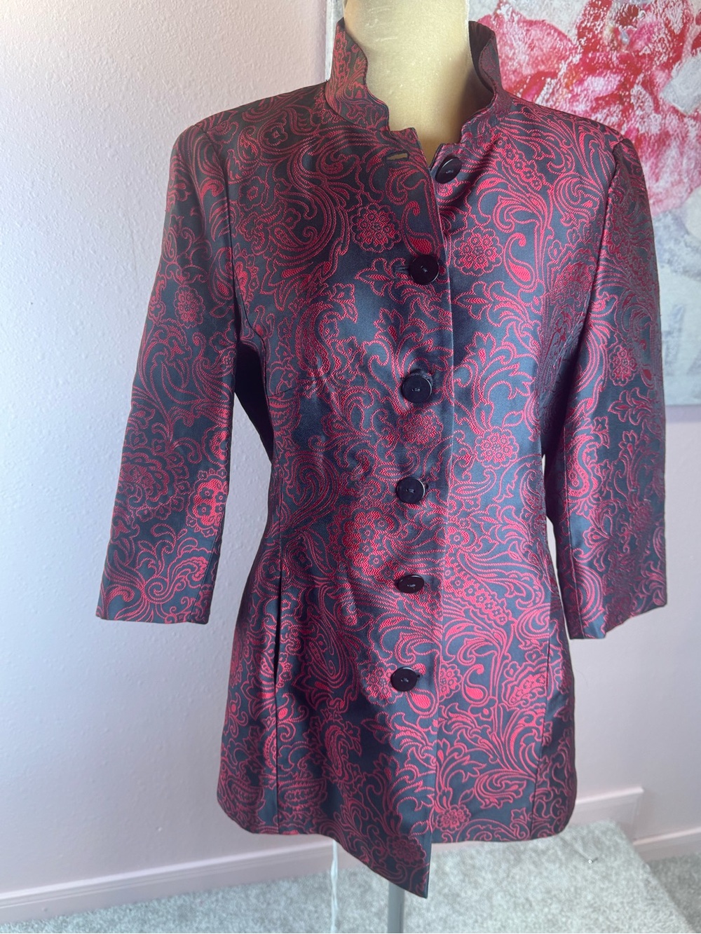 Nina Mclemore 100% Silk Red and Black Brocade Jacket